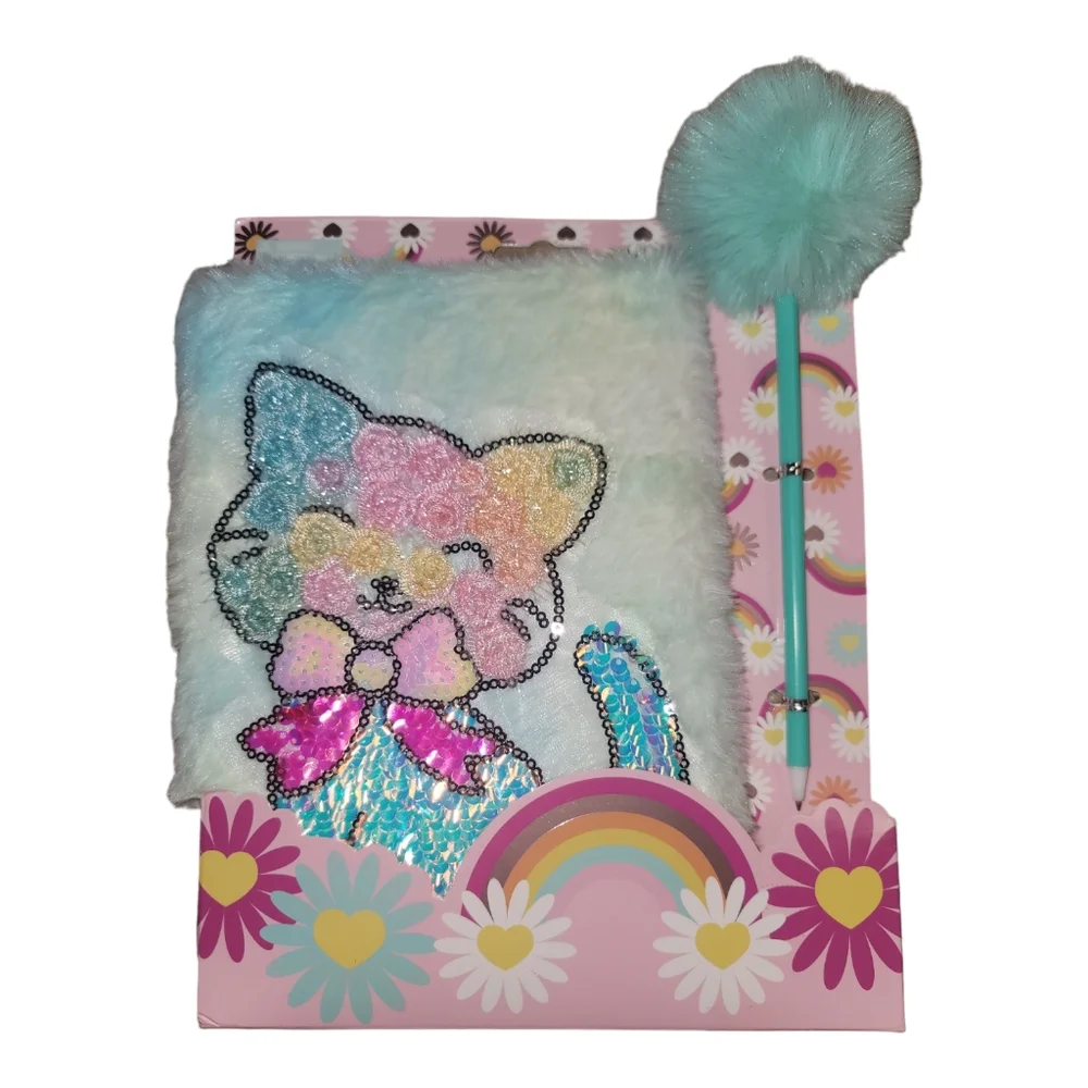Cat Secret Fuzzy Plush Diary Journal Embelished Sequins Writing Book and Pen Set